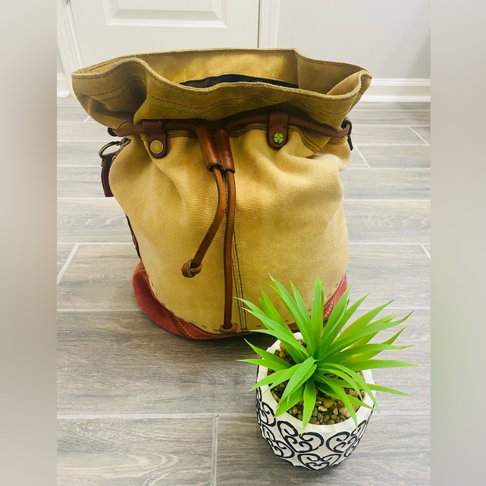 Lucky Brand Vintage Bucket Suede Backpack Drawstring Canvas Leather Sling Bag
